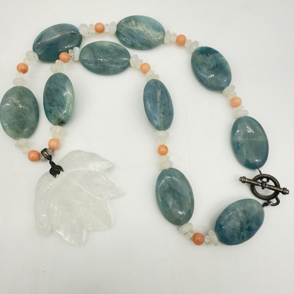 Vtg Sterling‎ Carved Rock Crystal Necklace Angel Skin Coral Moonstone WOW